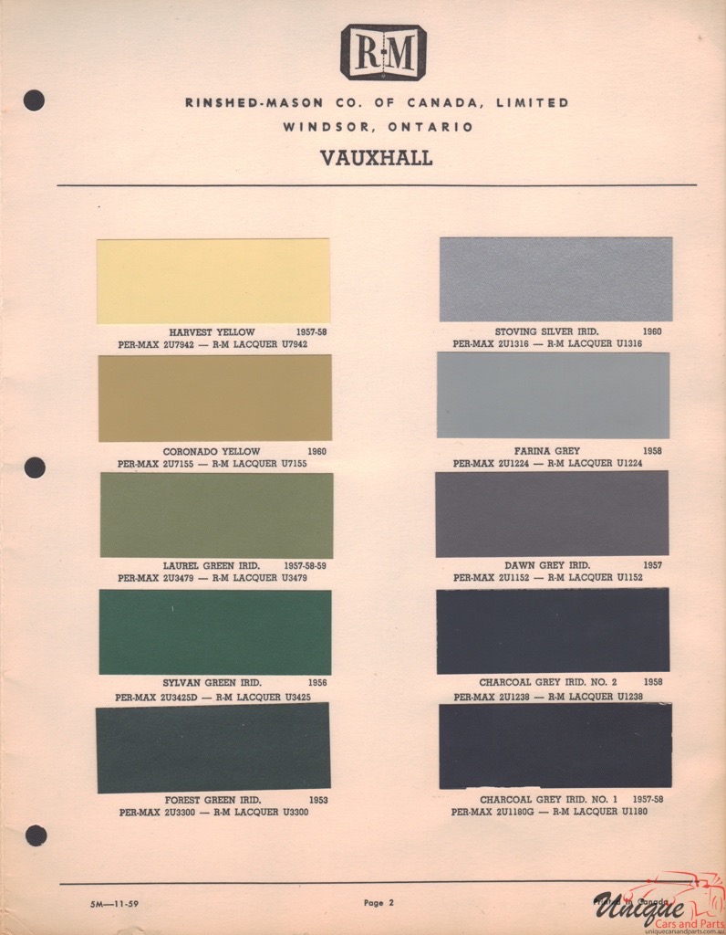 1960 Vauxhall Paint Charts RM 2